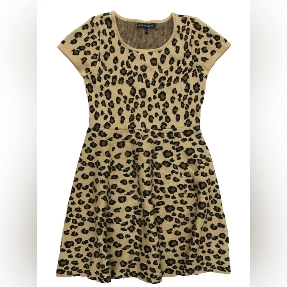NWOT - My Michelle Girls Tan & Brown Leopard Animal Print Knit Dress - Size L